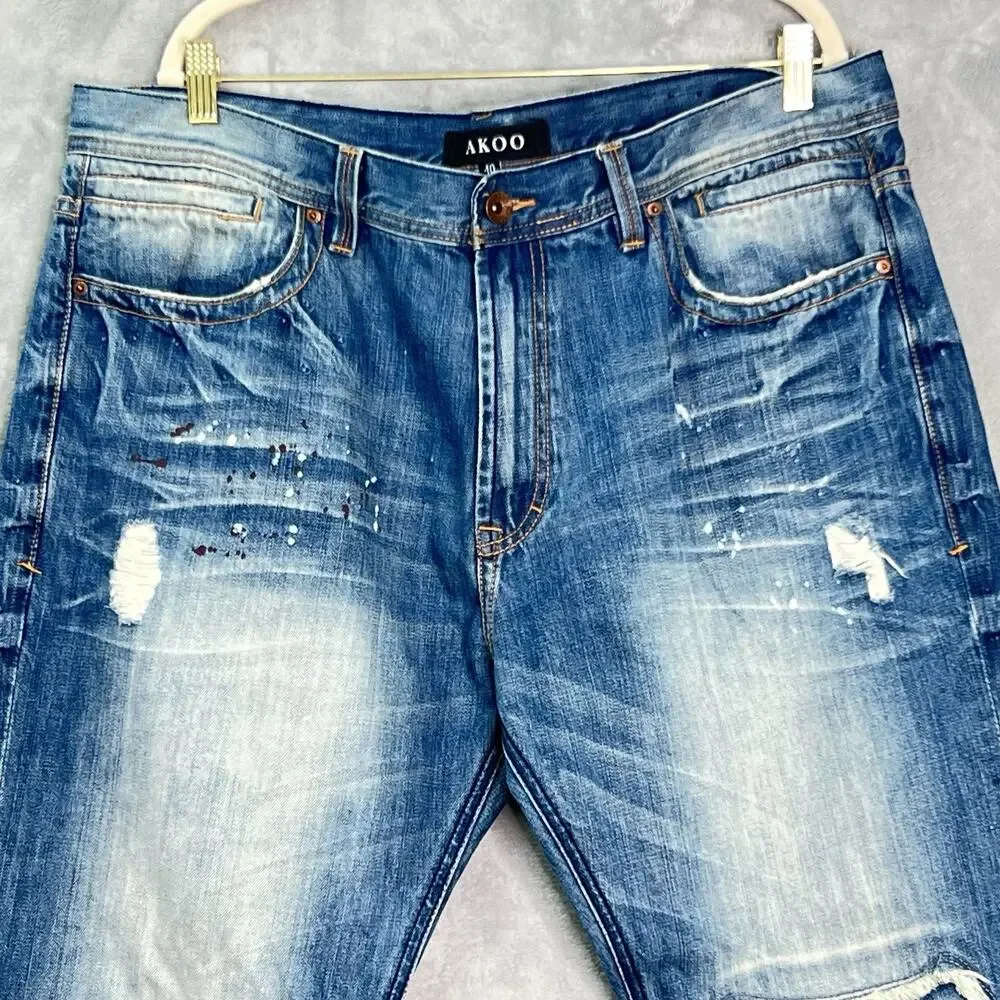 AKOO Jeans Mens 40/34 Blue Paint Splatter Distressed No Rivals Patch Big Oak Fit